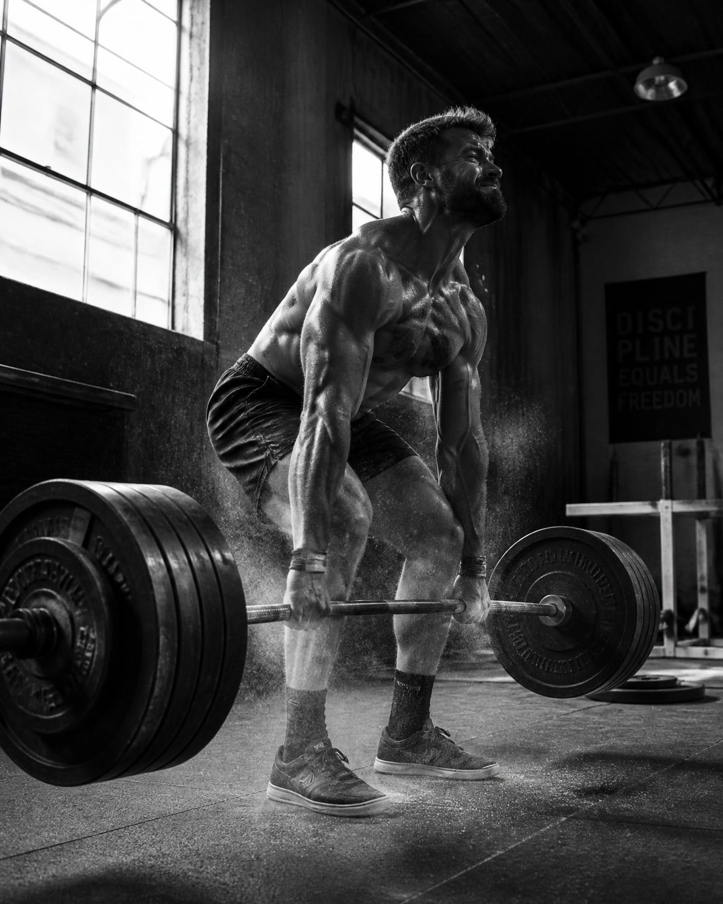 Athlete mid deadlift under heavy load in an industrial gym