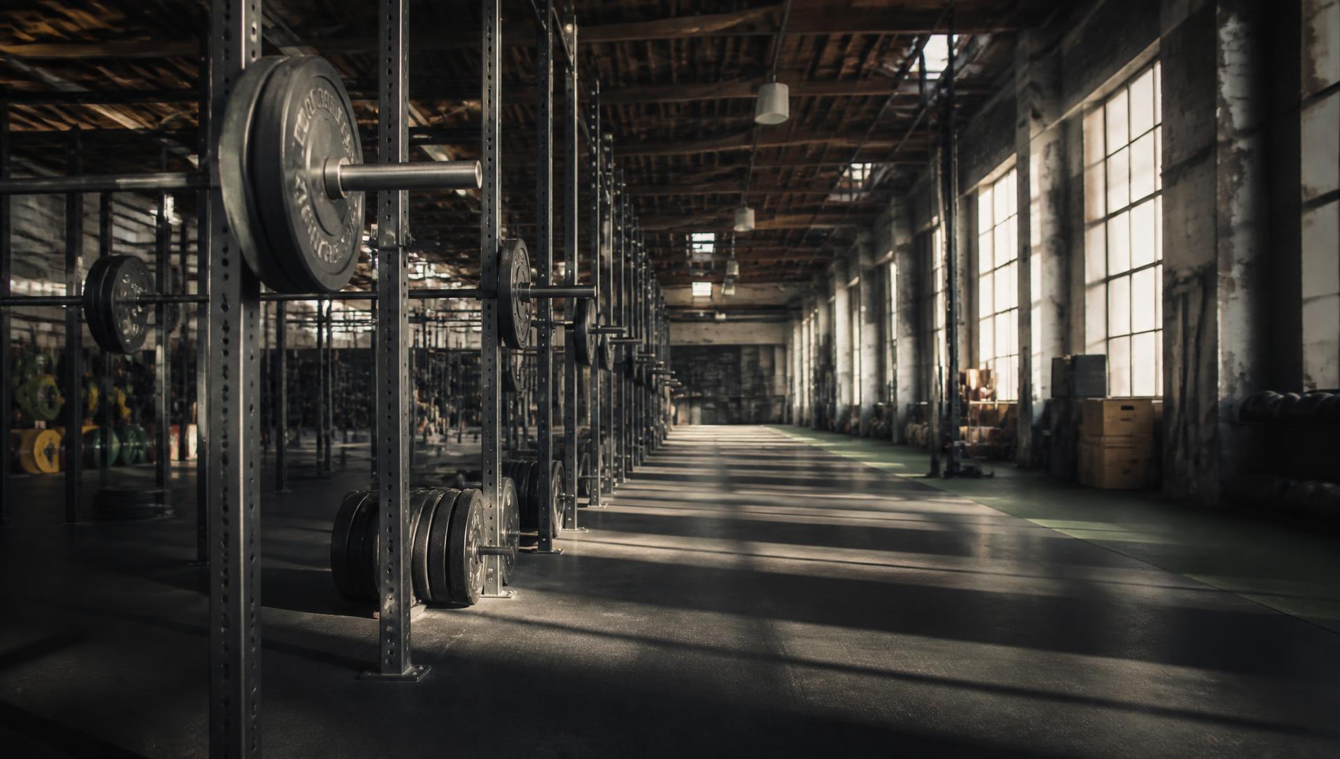 Wide view of the Iron Logic training floor with rows of squat racks and bumper plates